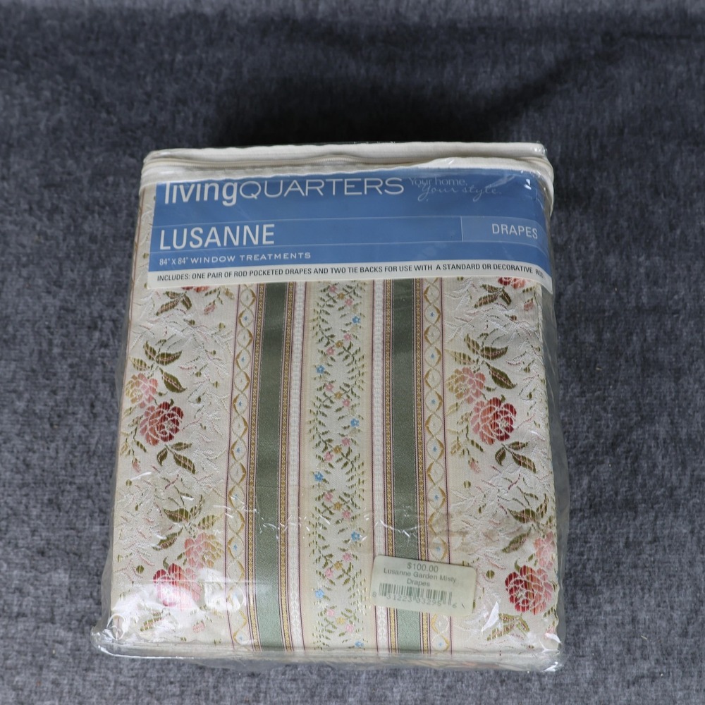 Living Quarters Lusanne Window Drapery Pair 84x84 Beige Floral Lined Rod Pocket
